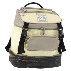 CHANEL Sports Line COCO Mark Backpack Nylon Leather Beige Silver CC Auth 155765